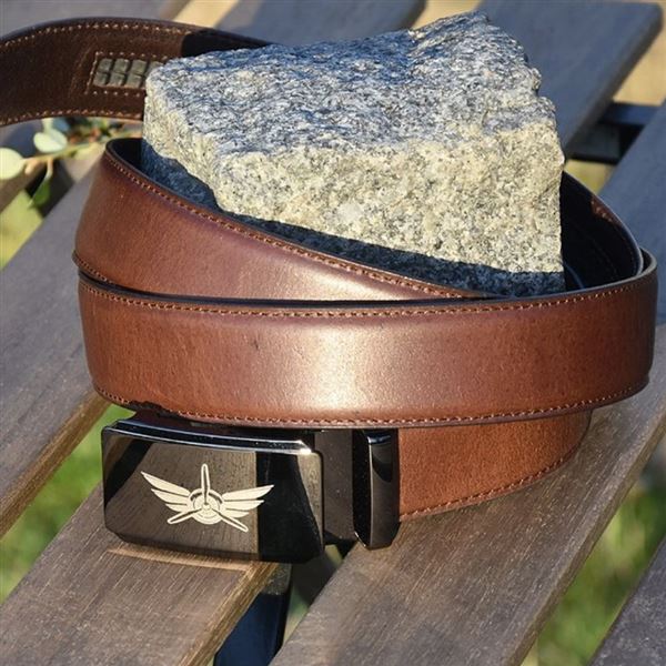 Kožený společenský pásek "Křídla" 100 cm, tm.hnědý