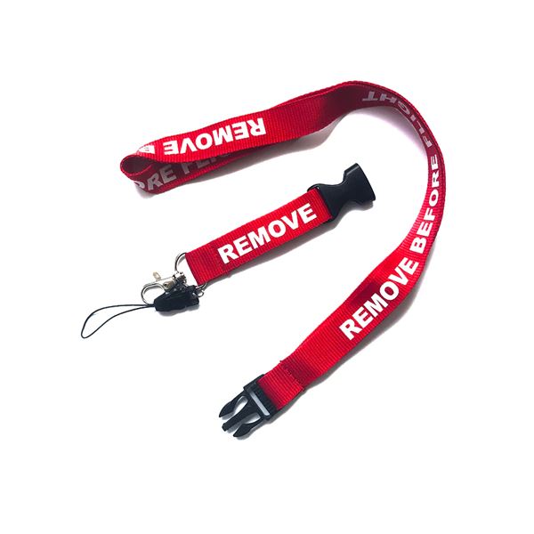 Šňůrka na krk REMOVE BEFORE FLIGHT tm. červená