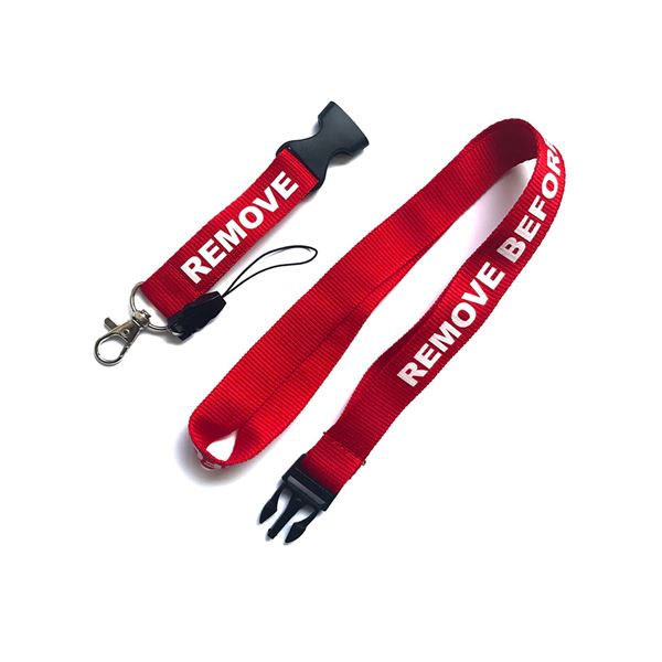 Šňůrka na krk REMOVE BEFORE FLIGHT tm. červená