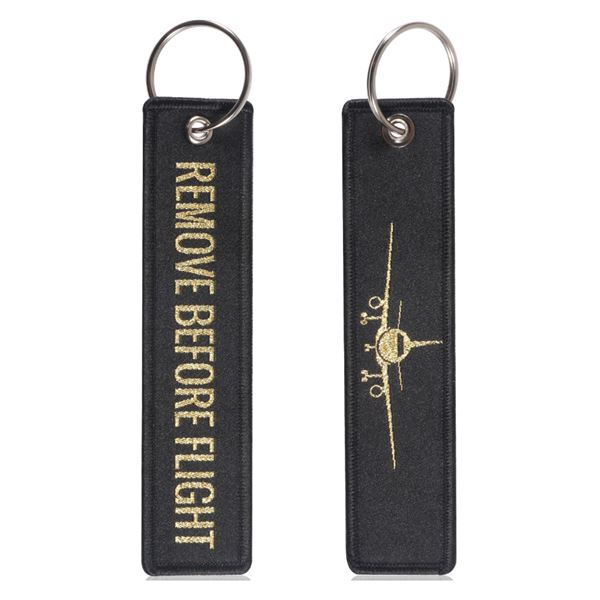 Keyring REMOVE BEFORE FLIGHT gold/plane