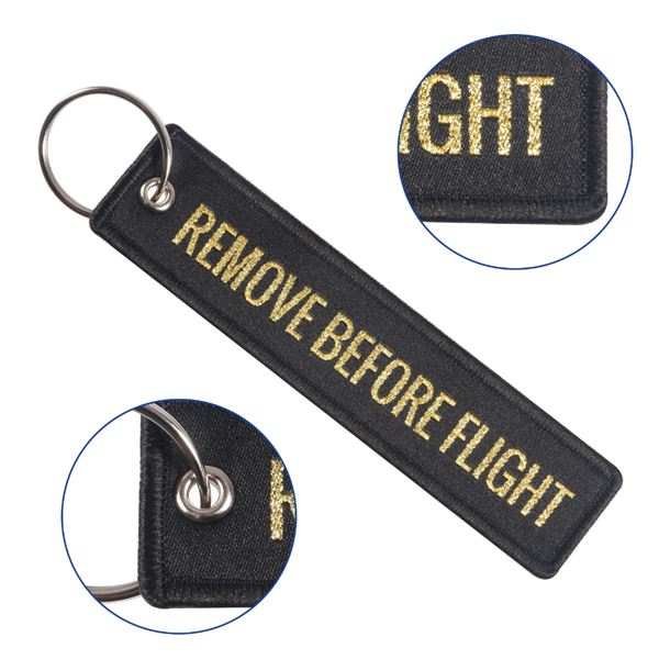 Keyring REMOVE BEFORE FLIGHT gold/plane