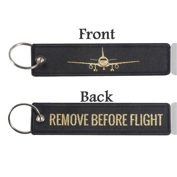 Klíčenka REMOVE BEFORE FLIGH zlatá, s letadlem